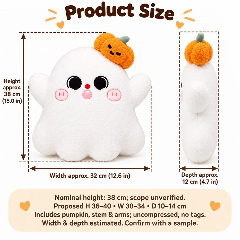 Pumpkin Hairpiece White Ghost Plush — proposed size reference; dimensions require sample confirmation.