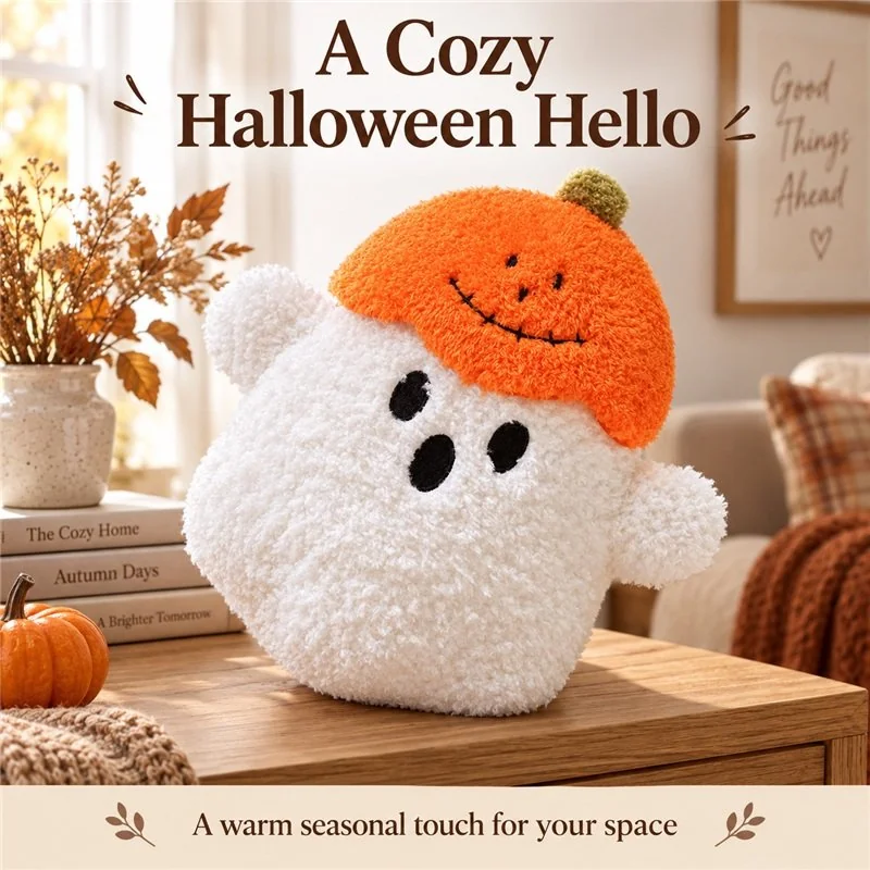 Illustrative application scene featuring pumpkin hat ghost plush; setting is a concept.