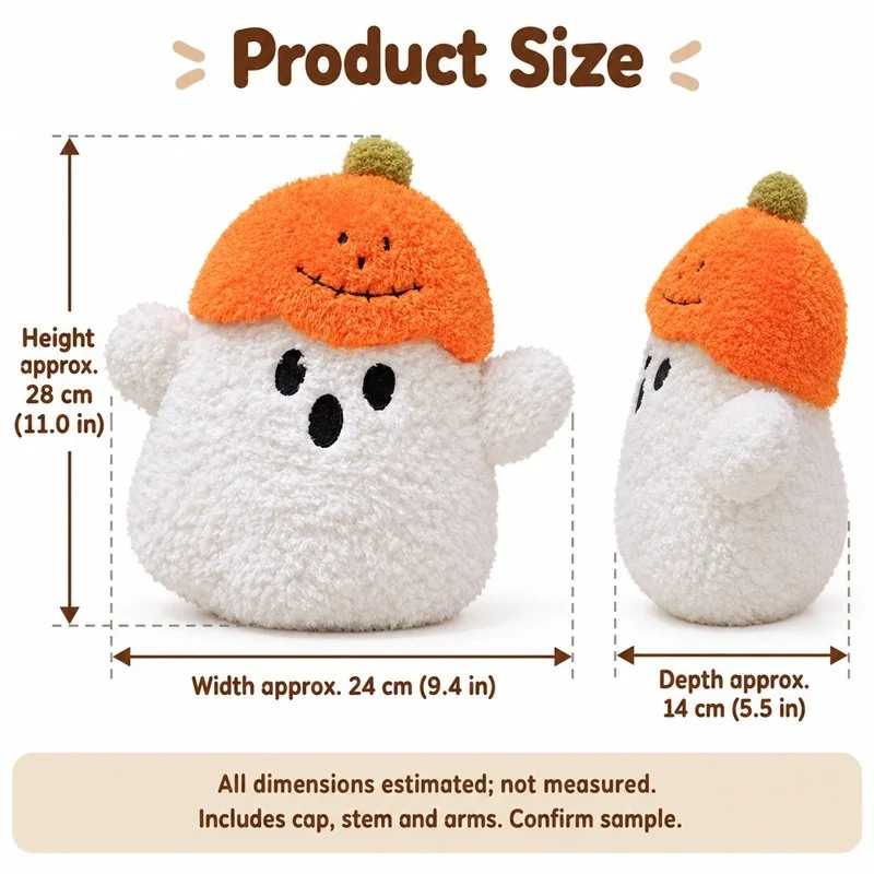 Pumpkin Hat Ghost Plush — proposed size reference; dimensions require sample confirmation.