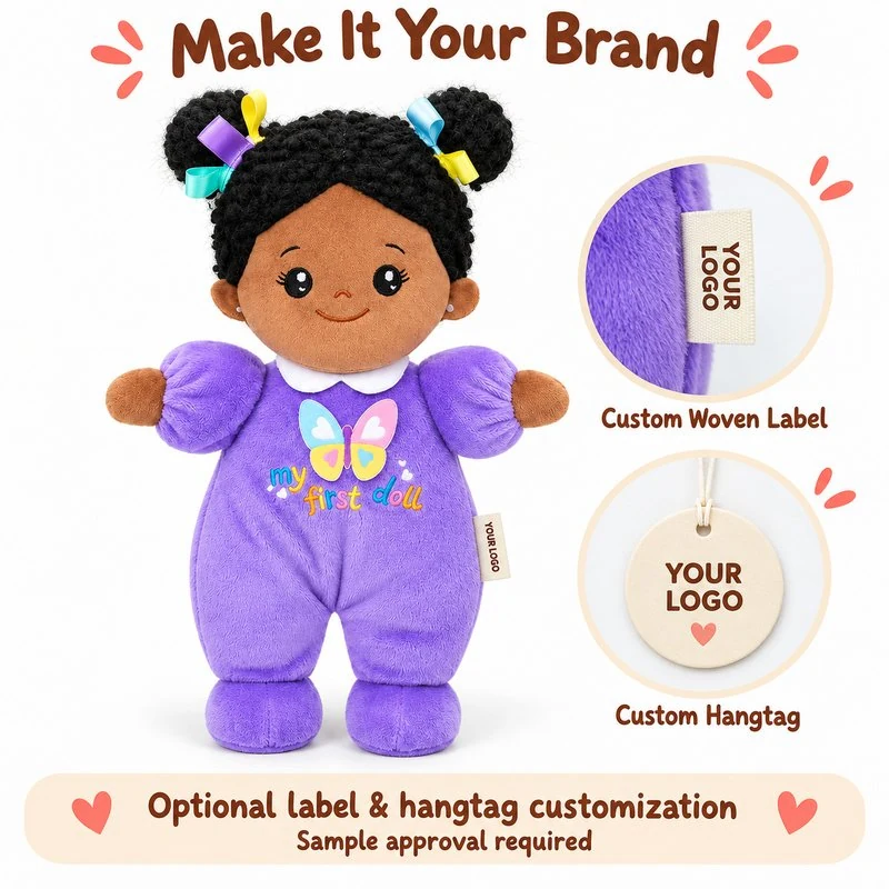 Customization concept for purple butterfly romper cloth doll; feasibility and sample approval required.