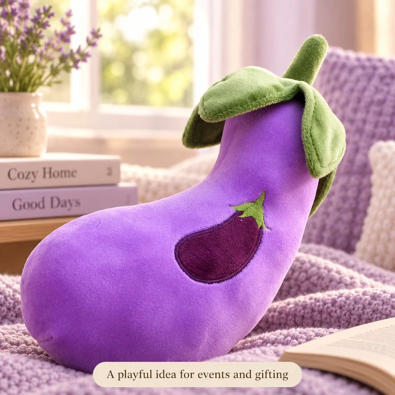 Illustrative application scene featuring purple eggplant plush toy; setting is a concept.