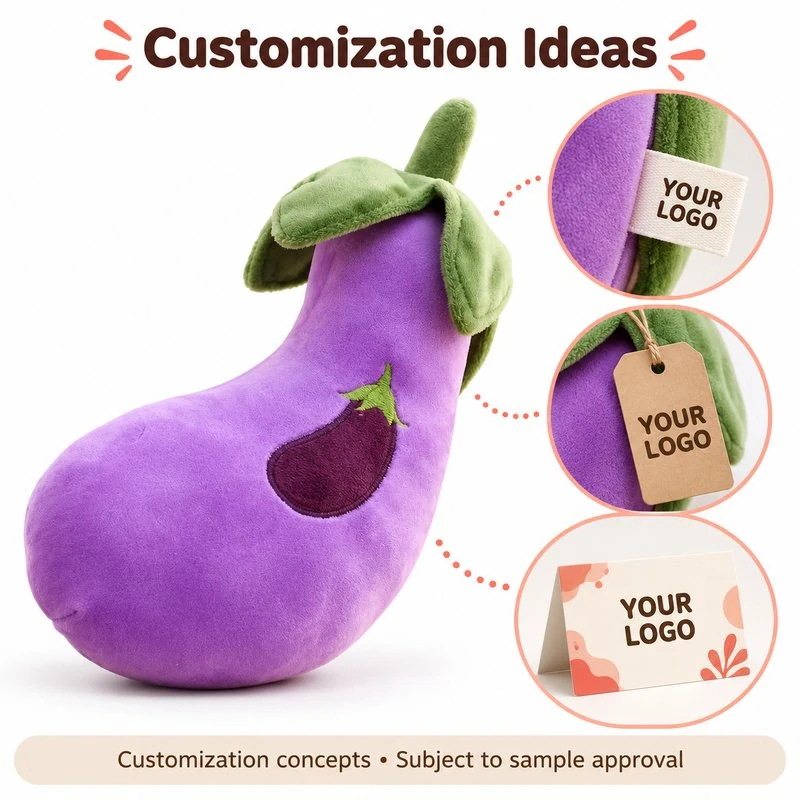 Customization concept for purple eggplant plush toy; feasibility and sample approval required.