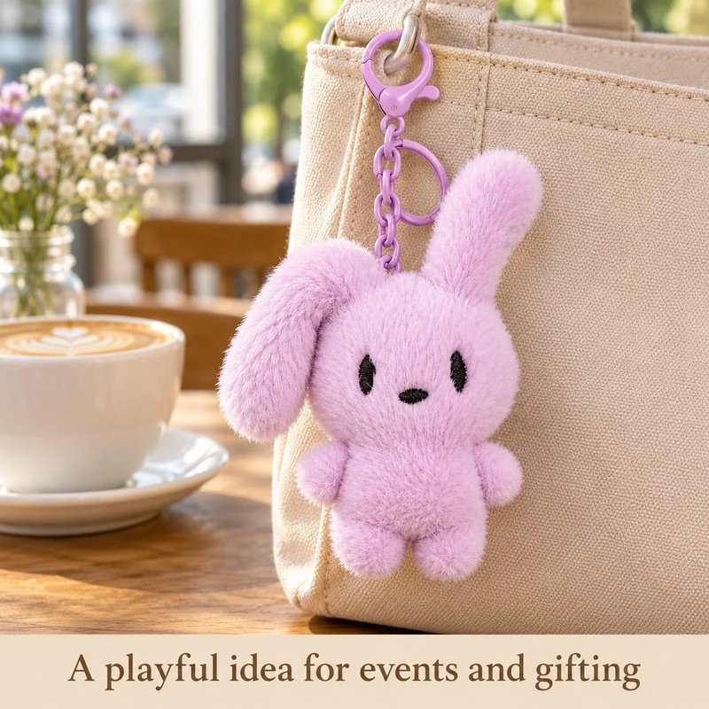 Illustrative application scene featuring purple long ear bunny plush keychain; setting is a concept.