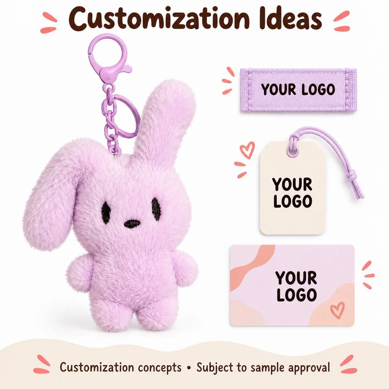 Customization concept for purple long ear bunny plush keychain; feasibility and sample approval required.