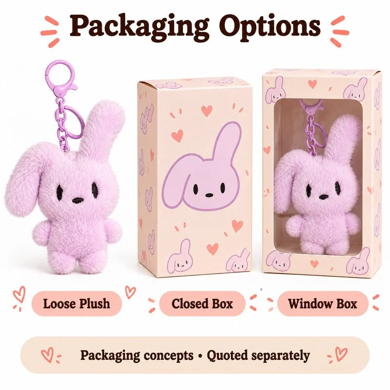 Purple Long Ear Bunny Plush Keychain — optional packaging concept; final artwork, fit and quotation require confirmation.