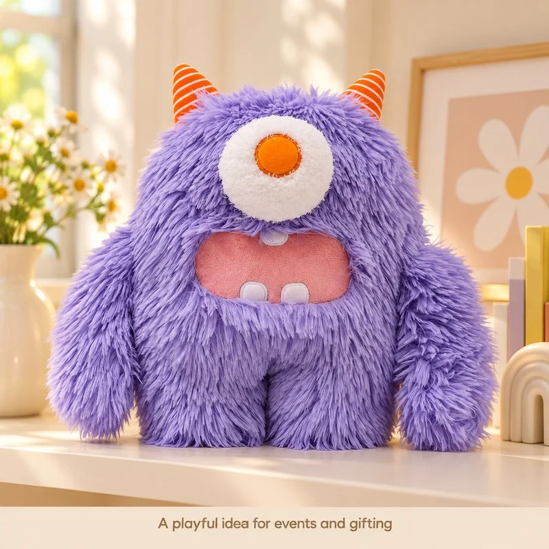 Illustrative application scene featuring purple one eye open mouth monster plush; setting is a concept.