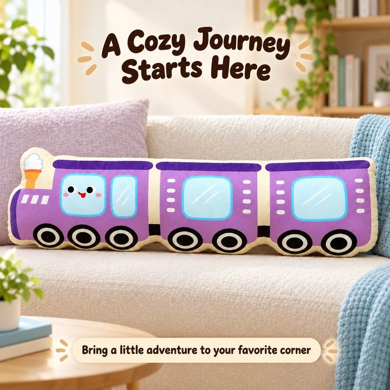 Illustrative application scene featuring purple train plush cushion; setting is a concept.