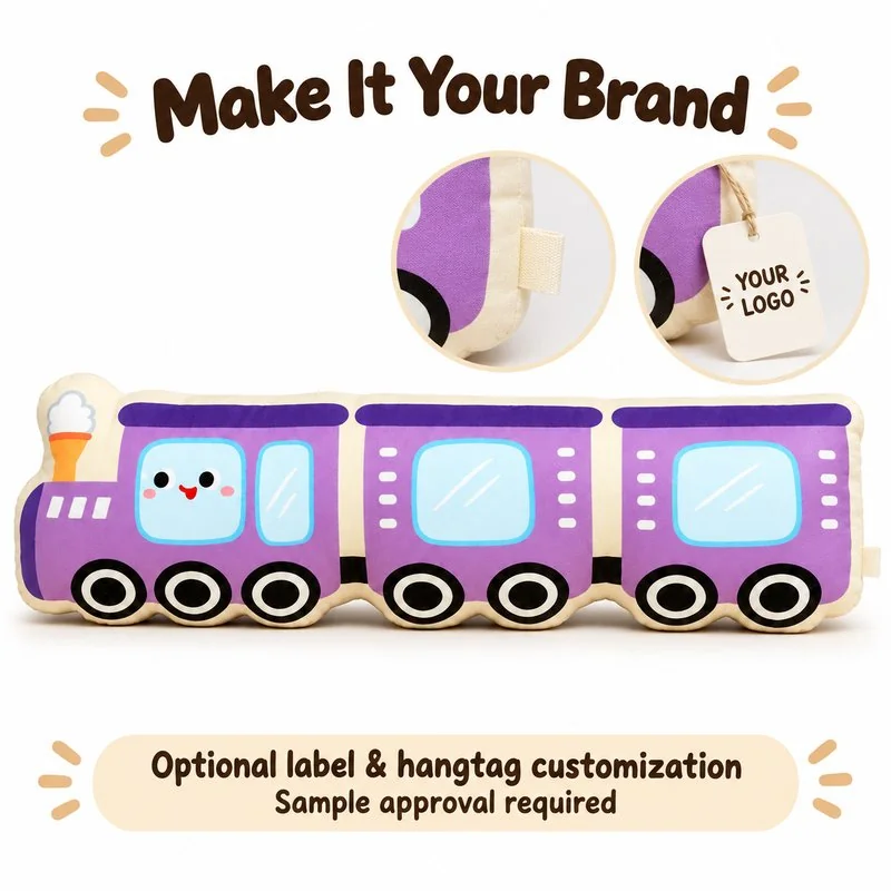 Customization concept for purple train plush cushion; feasibility and sample approval required.
