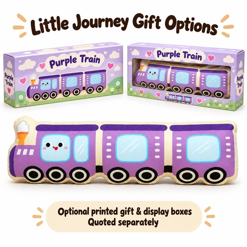 Purple Train Plush Cushion — optional packaging concept; final artwork, fit and quotation require confirmation.