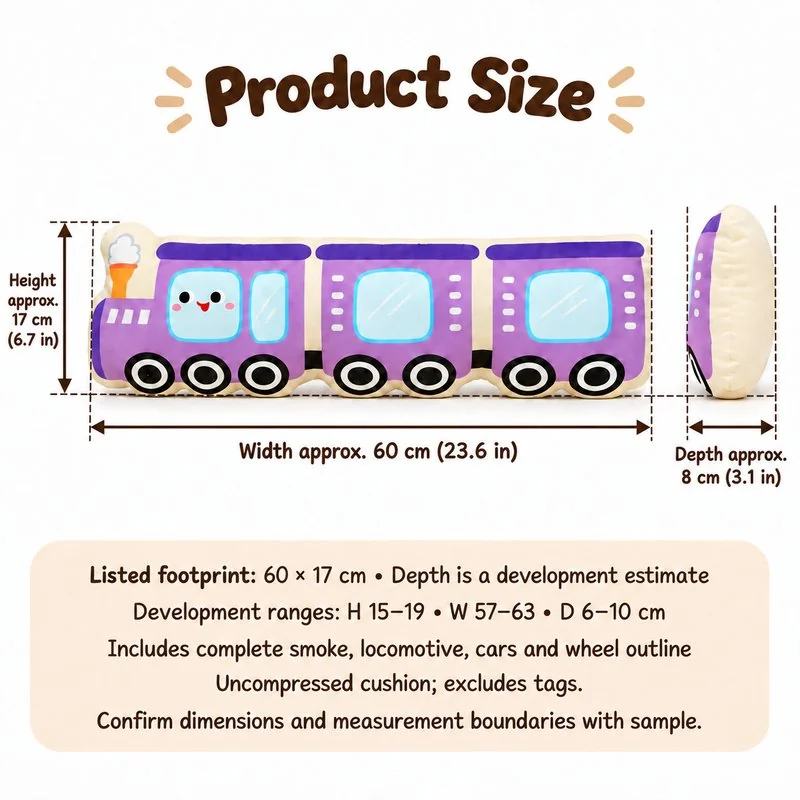Purple Train Plush Cushion — proposed size reference; dimensions require sample confirmation.