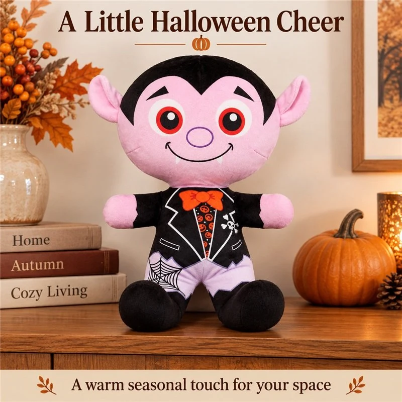 Illustrative application scene featuring purple vampire plush doll; setting is a concept.