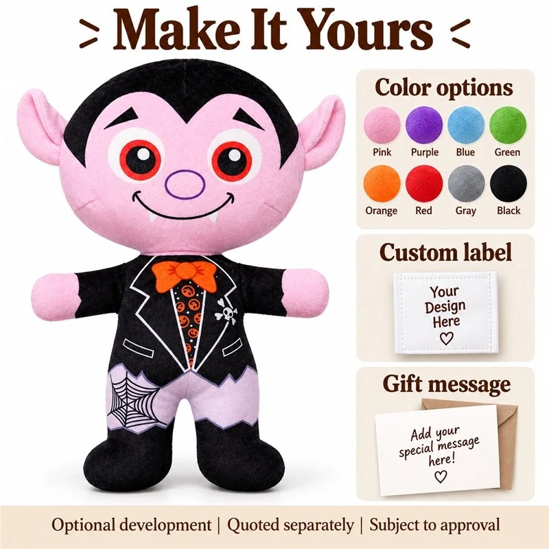 Customization concept for purple vampire plush doll; feasibility and sample approval required.