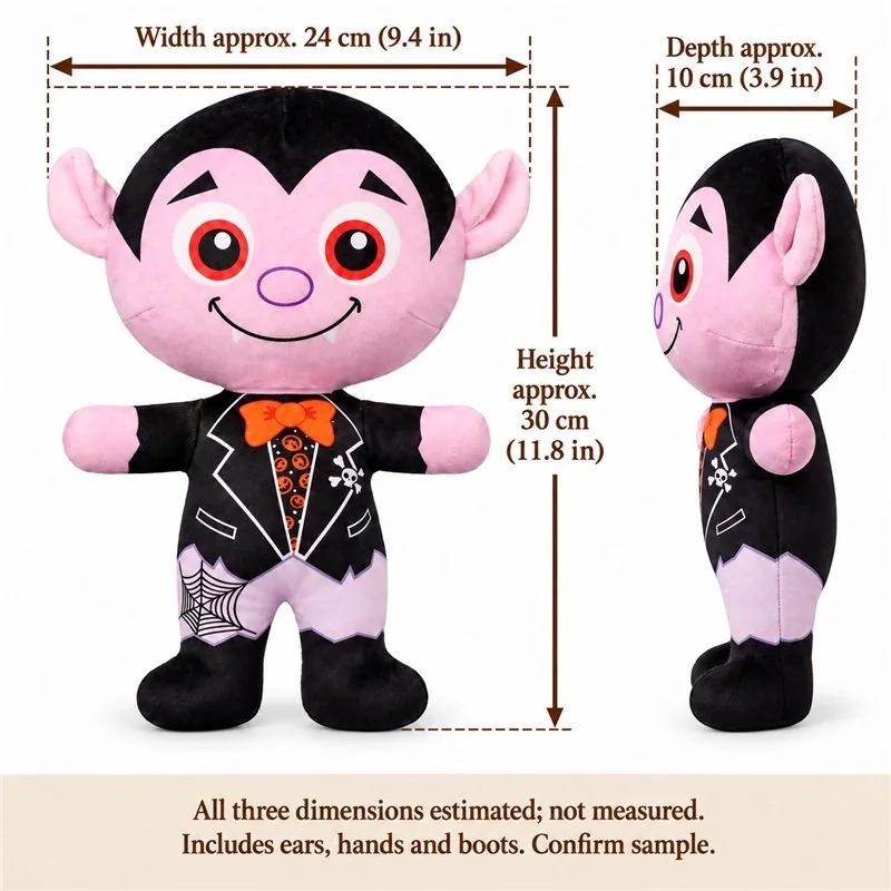 Purple Vampire Plush Doll — proposed size reference; dimensions require sample confirmation.