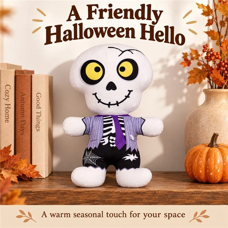 Illustrative application scene featuring purple vest skeleton plush doll; setting is a concept.
