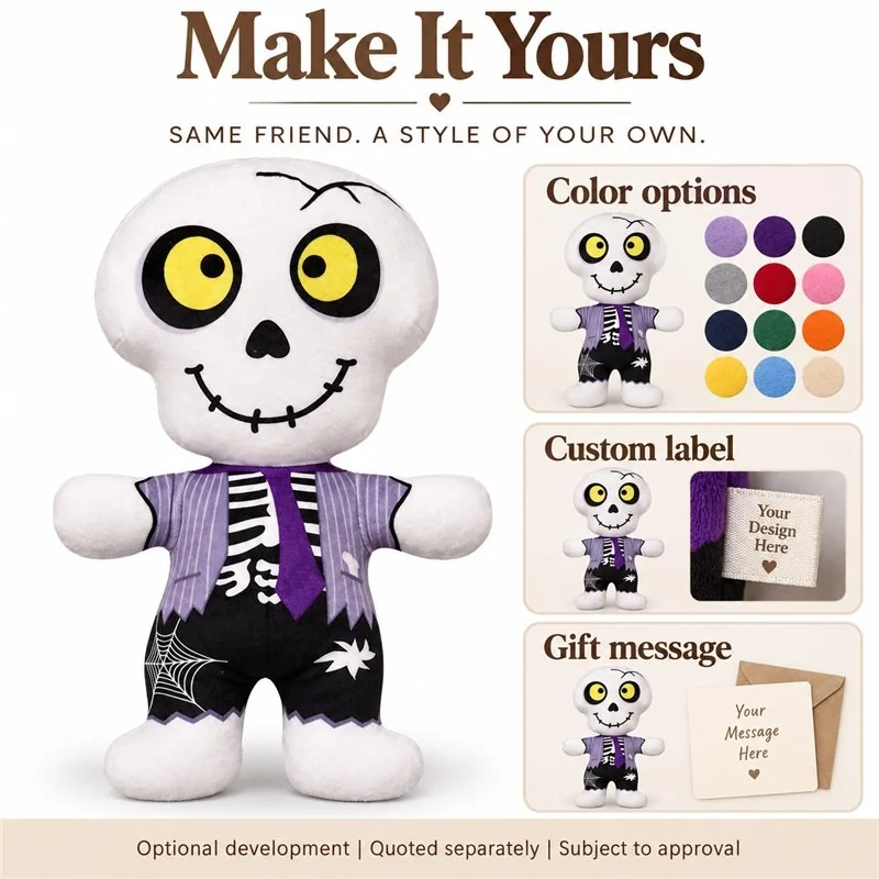 Customization concept for purple vest skeleton plush doll; feasibility and sample approval required.