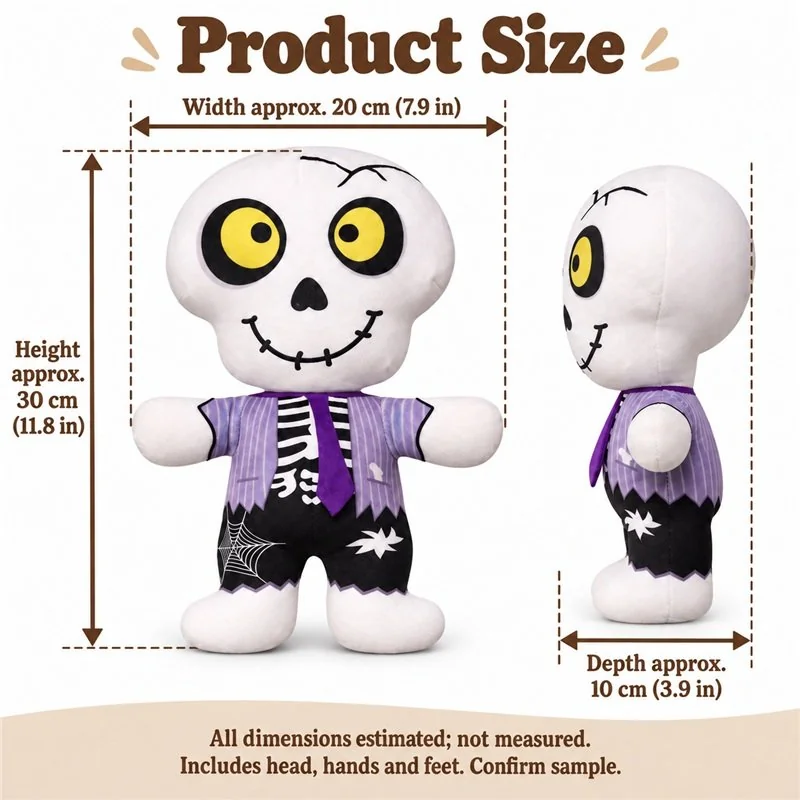 Purple Vest Skeleton Plush Doll — proposed size reference; dimensions require sample confirmation.