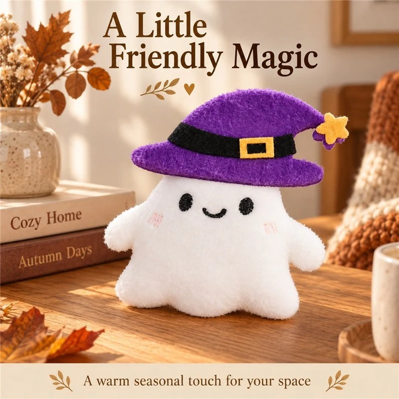 Illustrative application scene featuring purple witch hat ghost plush; setting is a concept.