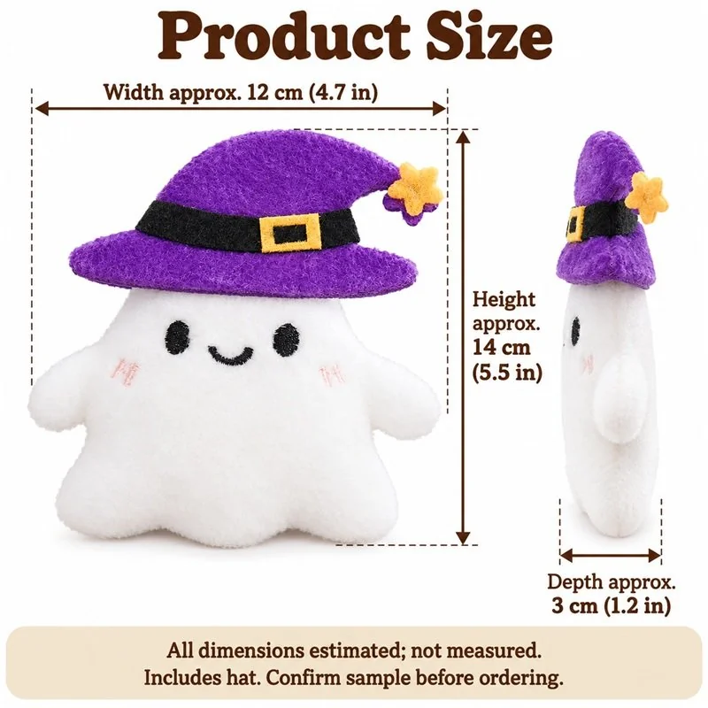 Purple Witch Hat Ghost Plush — proposed size reference; dimensions require sample confirmation.