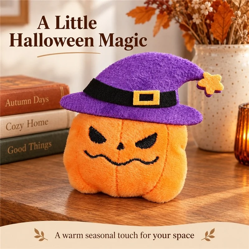 Illustrative application scene featuring purple witch hat pumpkin plush; setting is a concept.