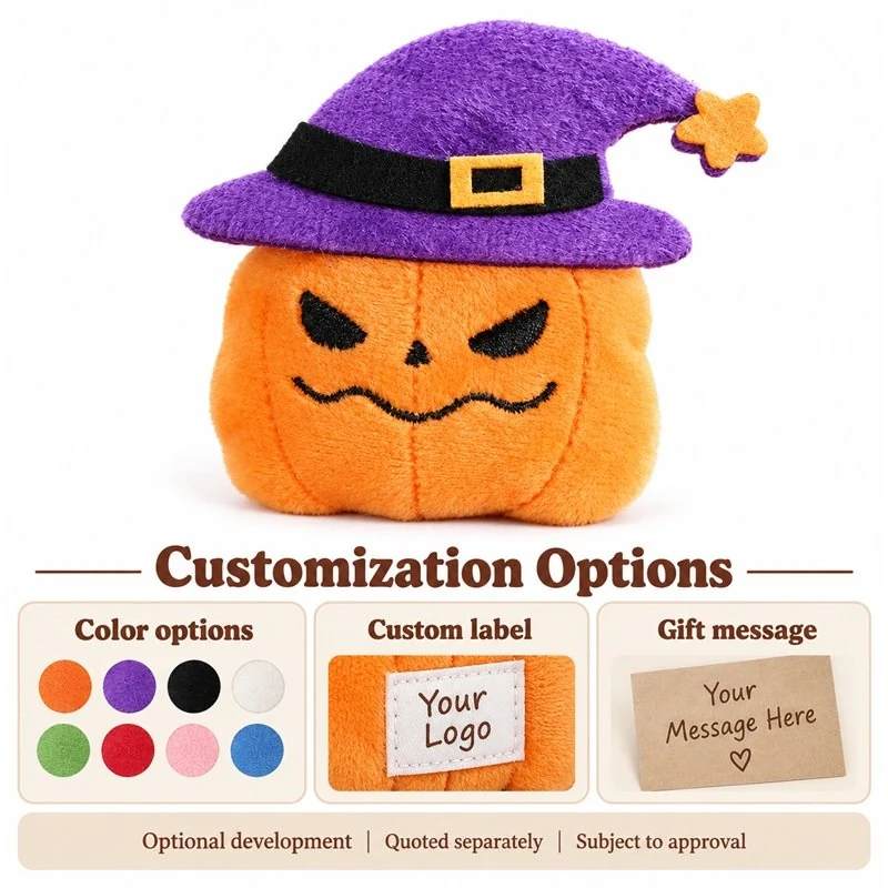 Customization concept for purple witch hat pumpkin plush; feasibility and sample approval required.