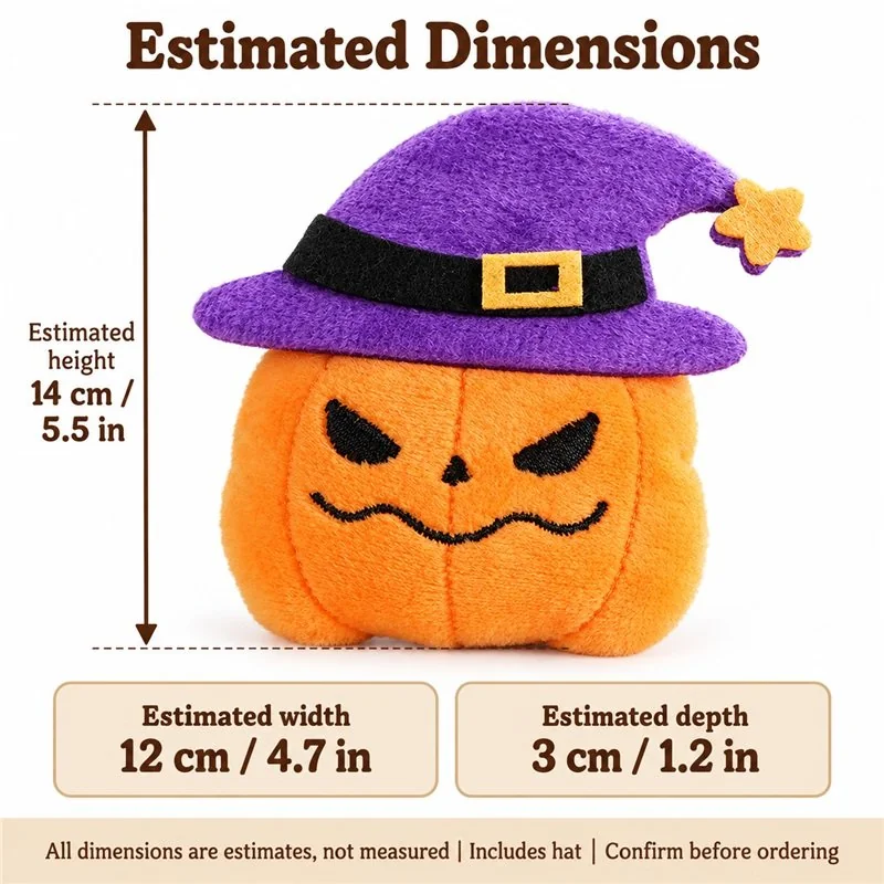 Purple Witch Hat Pumpkin Plush — proposed size reference; dimensions require sample confirmation.
