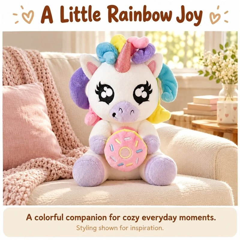 Illustrative application scene featuring rainbow mane donut unicorn plush; setting is a concept.