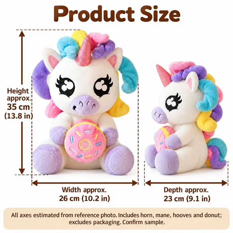 Rainbow Mane Donut Unicorn Plush — proposed size reference; dimensions require sample confirmation.