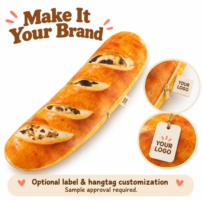 Customization concept for raisin bread loaf plush pillow; feasibility and sample approval required.