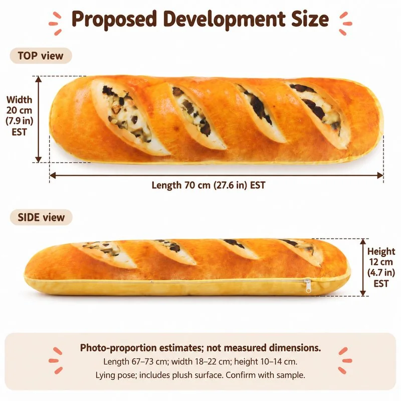Raisin Bread Loaf Plush Pillow — proposed size reference; dimensions require sample confirmation.