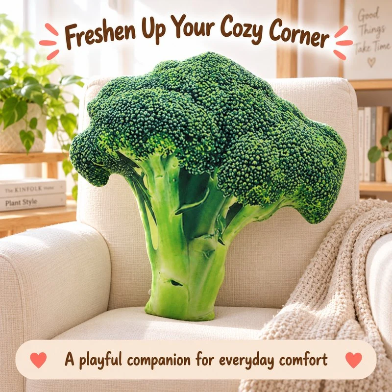 Illustrative application scene featuring realistic broccoli plush pillow; setting is a concept.