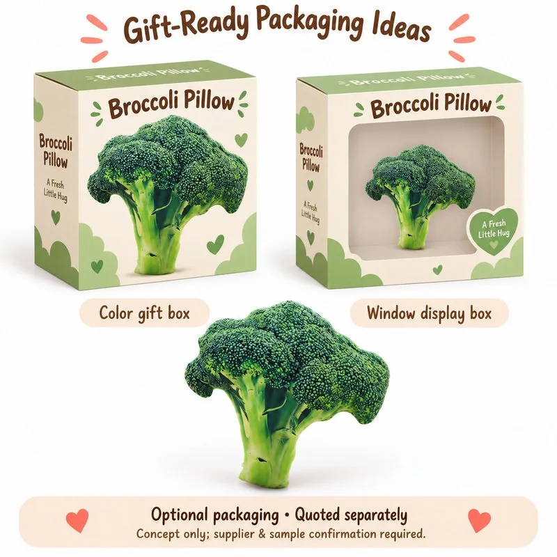 Realistic Broccoli Plush Pillow — optional packaging concept; final artwork, fit and quotation require confirmation.