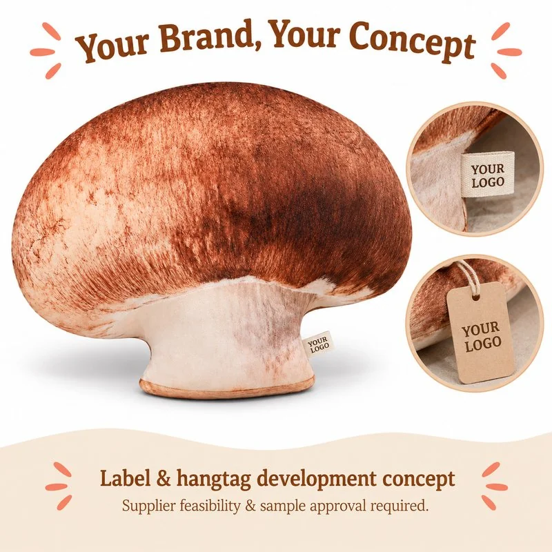 Customization concept for realistic brown mushroom plush pillow; feasibility and sample approval required.