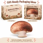 Realistic Brown Mushroom Plush Pillow — optional packaging concept; final artwork, fit and quotation require confirmation.