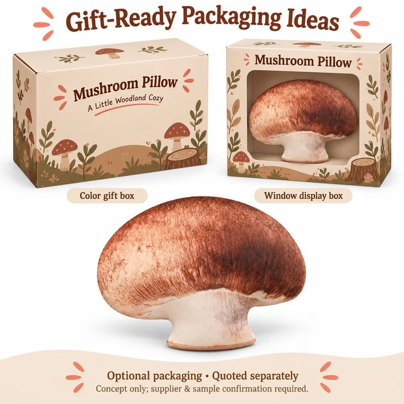 Realistic Brown Mushroom Plush Pillow — optional packaging concept; final artwork, fit and quotation require confirmation.
