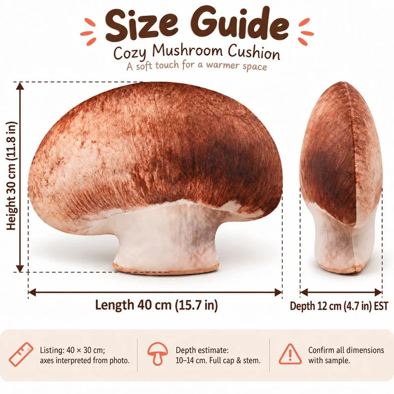 Realistic Brown Mushroom Plush Pillow — proposed size reference; dimensions require sample confirmation.