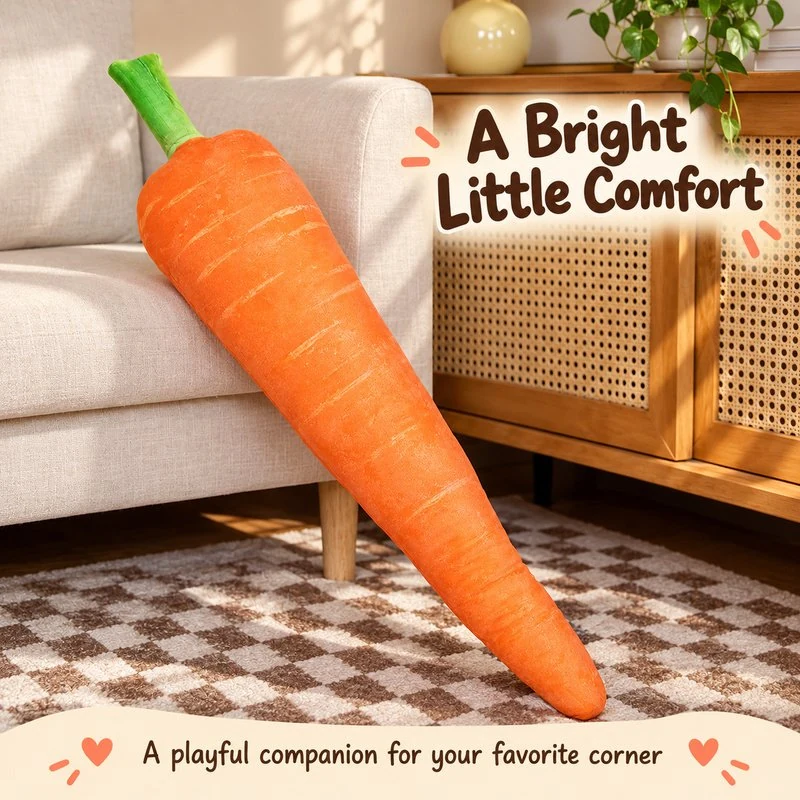 Illustrative application scene featuring slender realistic carrot plush pillow; setting is a concept.
