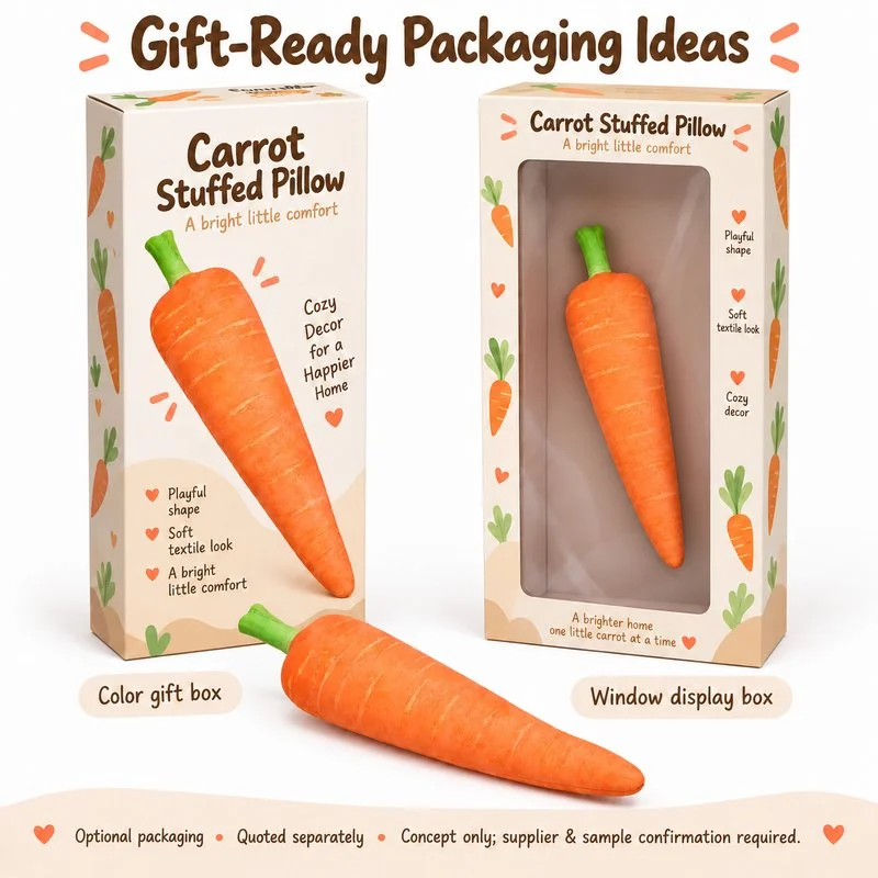 Slender Realistic Carrot Plush Pillow — optional packaging concept; final artwork, fit and quotation require confirmation.