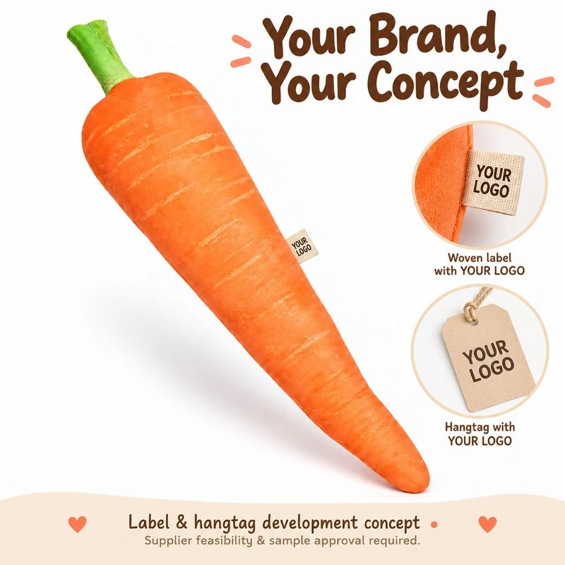 Private-label concept for slender realistic carrot plush pillow, showing proposed brand label and hangtag options; sample approval required.