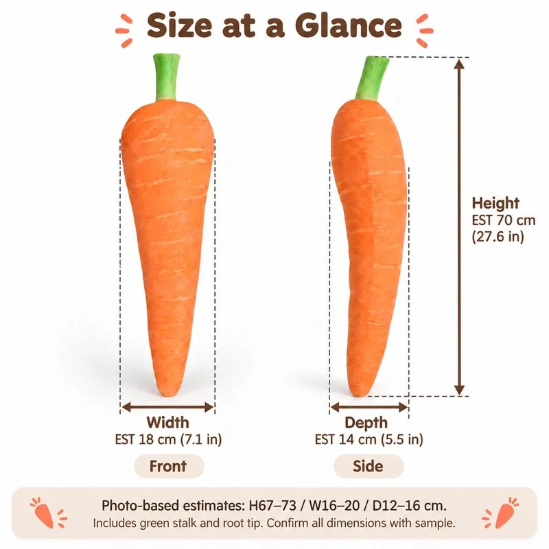 Slender Realistic Carrot Plush Pillow — proposed size reference; dimensions require sample confirmation.