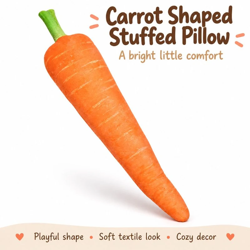 Slender Realistic Carrot Plush Pillow; AI concept reference, final sample and specifications to be confirmed.