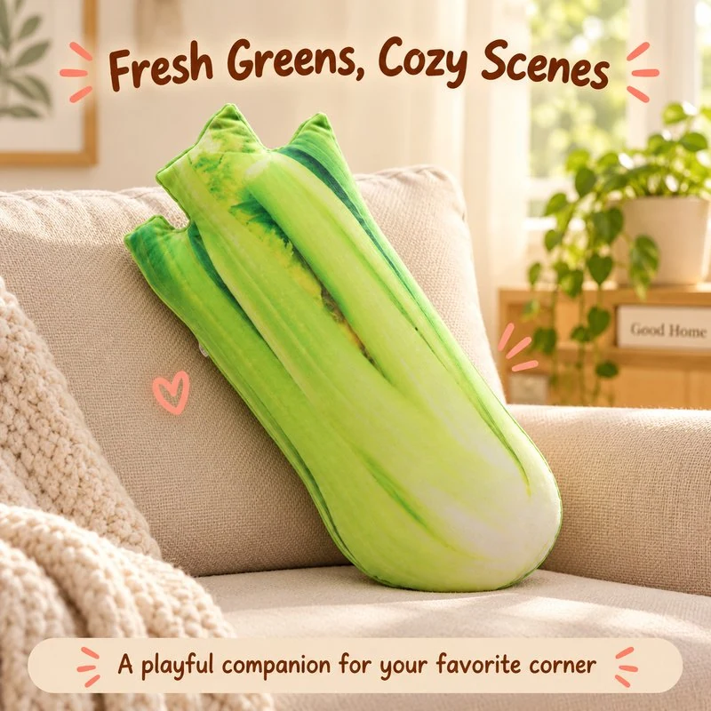 Illustrative application scene featuring realistic celery plush pillow; setting is a concept.