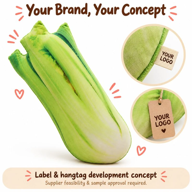 Customization concept for realistic celery plush pillow; feasibility and sample approval required.