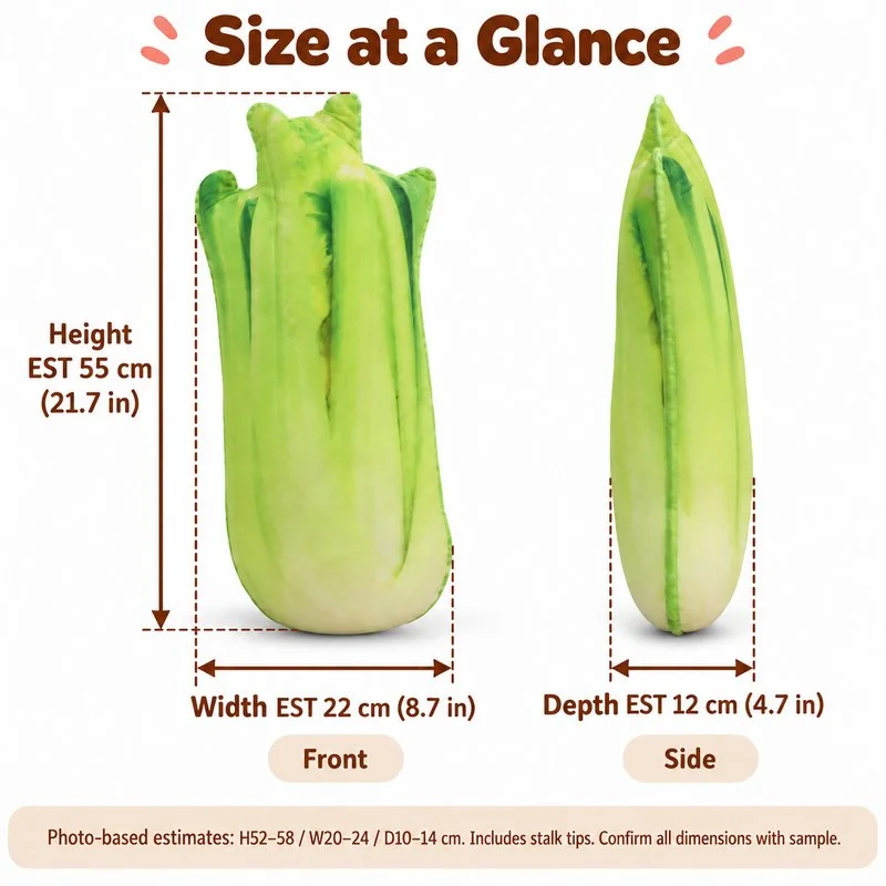 Realistic Celery Plush Pillow — proposed size reference; dimensions require sample confirmation.