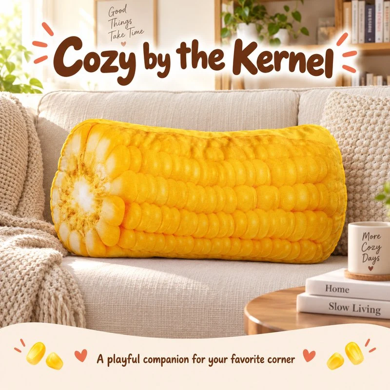 Illustrative application scene featuring realistic corn cob section plush pillow; setting is a concept.