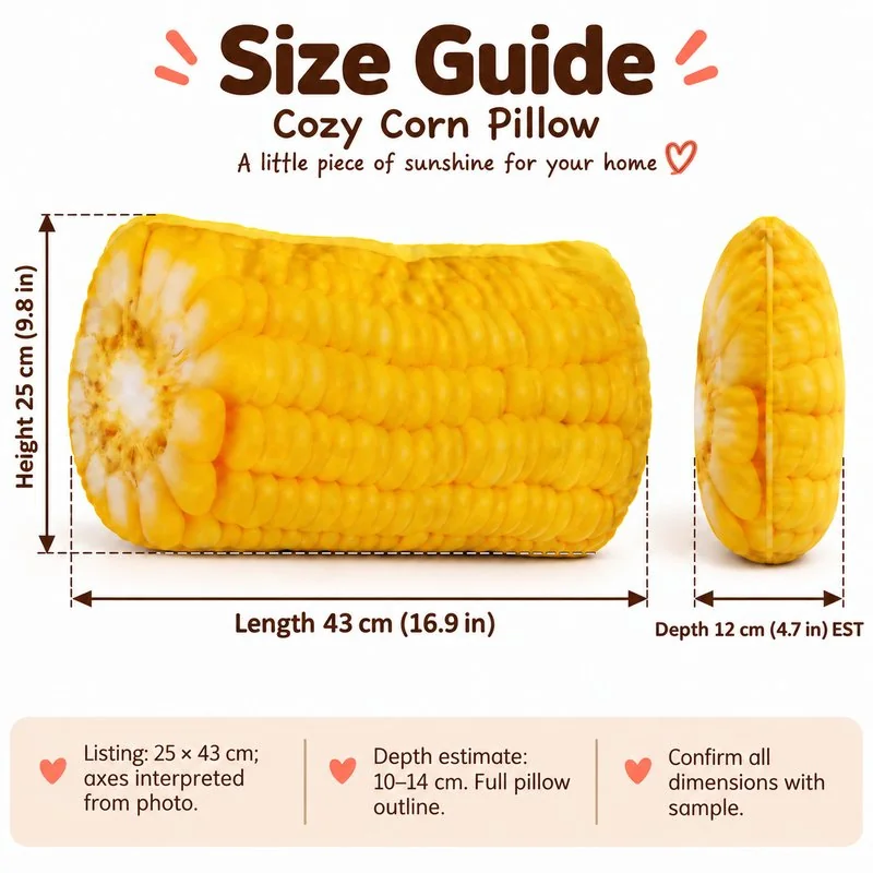 Realistic Corn Cob Section Plush Pillow — proposed size reference; dimensions require sample confirmation.