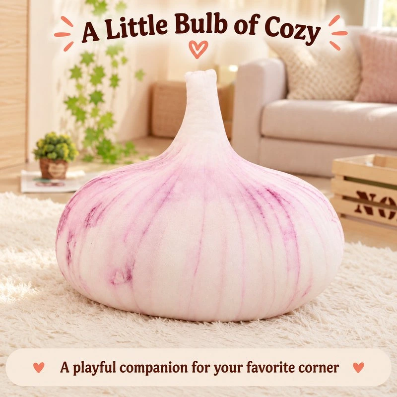 Illustrative application scene featuring realistic garlic bulb plush pillow; setting is a concept.