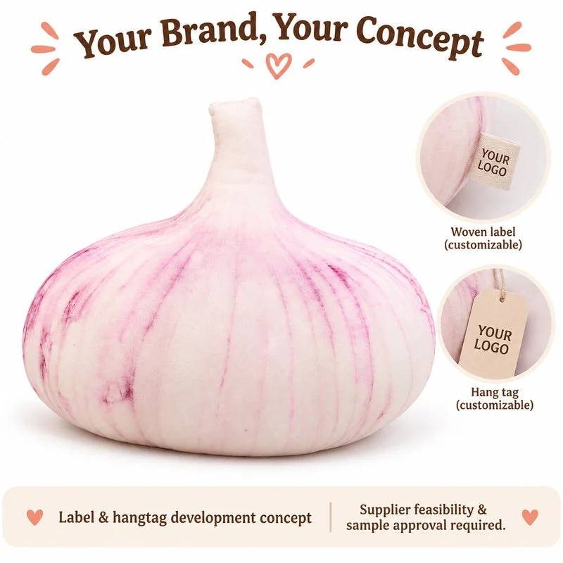 Customization concept for realistic garlic bulb plush pillow; feasibility and sample approval required.