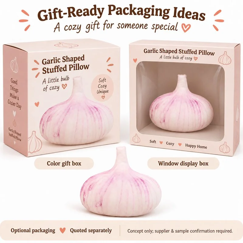 Realistic Garlic Bulb Plush Pillow — optional packaging concept; final artwork, fit and quotation require confirmation.