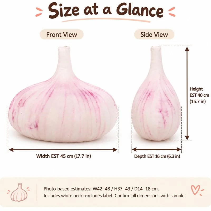 Realistic Garlic Bulb Plush Pillow — proposed size reference; dimensions require sample confirmation.