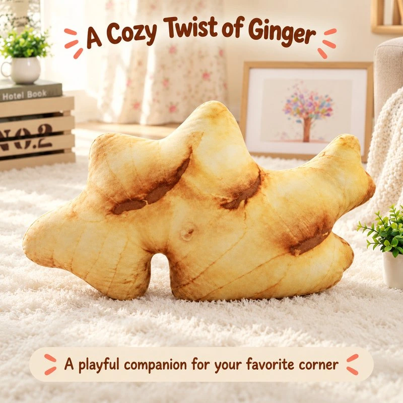 Illustrative application scene featuring realistic ginger root plush pillow; setting is a concept.